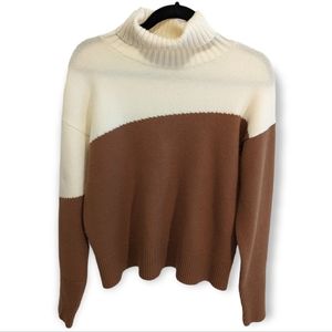 Anthropologie White & Brown High Neck Diagonal Color Block Sweater, Sz XS